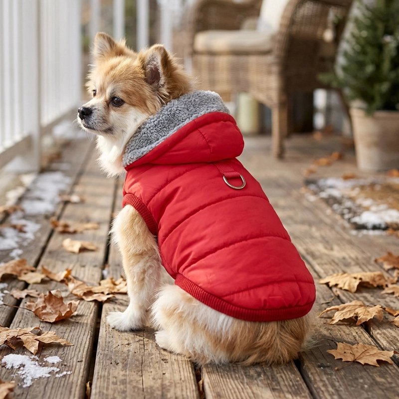 Manteau Chien Petit chien portant un manteau rouge assis sur un chemin bordé de feuilles d’automne