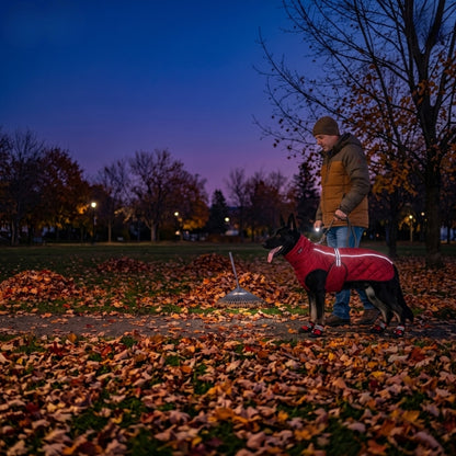 Manteau pour chien rouge à bandes réfléchissantes bien visibles au crépuscule, porté par un berger allemand en promenade avec son maître dans un parc jonché de feuilles
