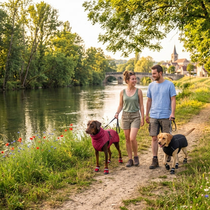 Deux chiens portant un manteau pour chien rouge et un manteau noir en promenade avec un couple au bord d'une rivière près d'un village de campagne