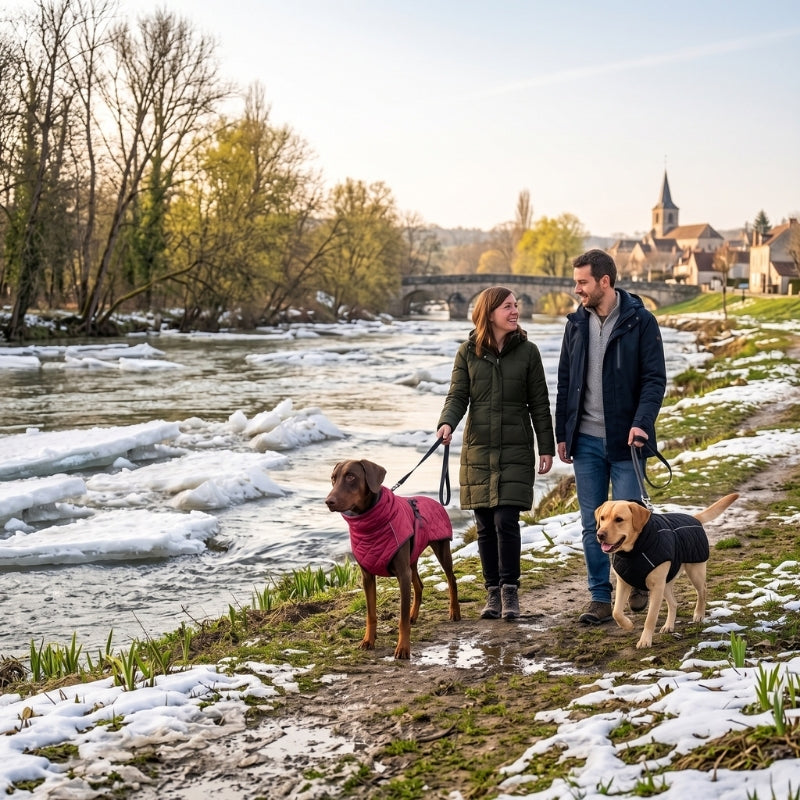 Doberman en manteau pour chien rouge et labrador en manteau noir en promenade avec un couple au bord d'une rivière gelée au dégel du printemps
