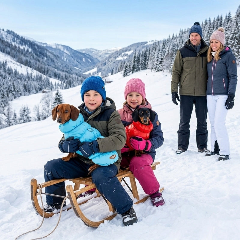 Manteau pour chien bleu et manteau pour chien rouge portés par deux petits chiens sur une luge dans un paysage enneigé⠋

