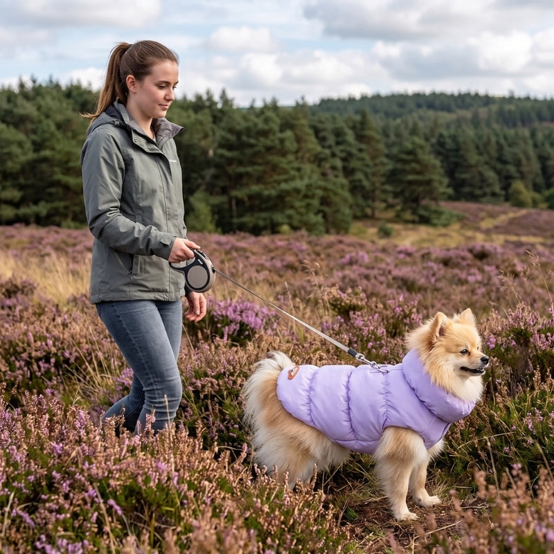Manteau pour chien mauve porté par un petit chien en promenade avec sa maîtresse dans une lande couverte de fleurs violettes