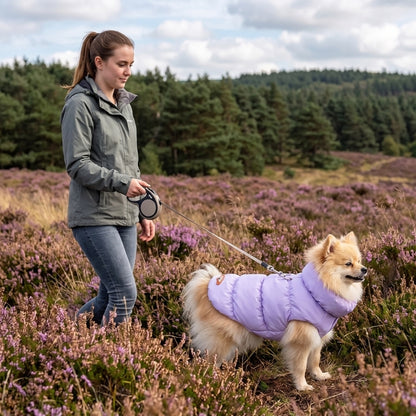 Manteau pour chien mauve porté par un petit chien en promenade avec sa maîtresse dans une lande couverte de fleurs violettes