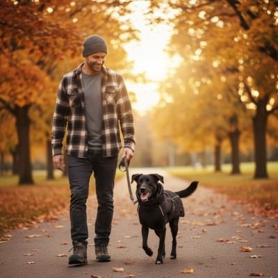 Chien portant un manteau pour chien matelassé lors d'une promenade en automne parmi les feuilles mortes