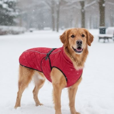 Chien portant un manteau pour chien rouge matelassé lors d'une promenade en hiver dans la neige