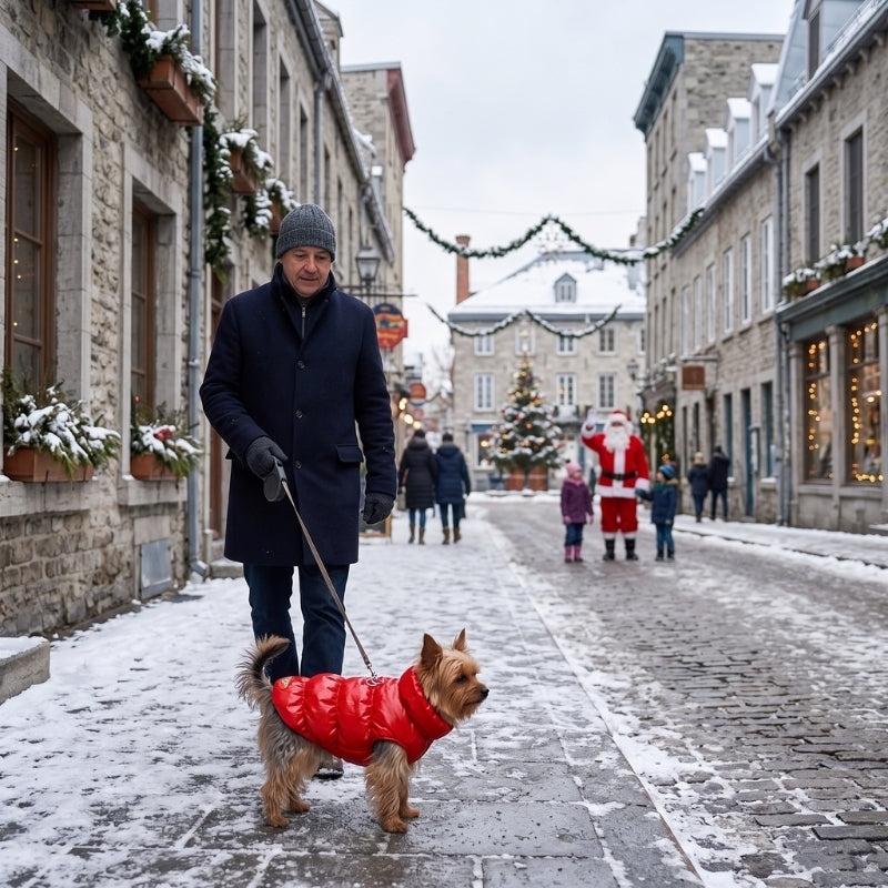 Manteau pour chien rouge porté par un petit chien en promenade avec son maître dans une rue enneigée décorée pour Noël