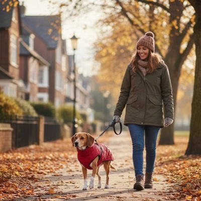 Chien portant un manteau pour chien rouge matelassé lors d'une promenade en ville par une journée d'automne