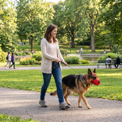 Muselière chien dans un parc femme en promenade avec son chien
