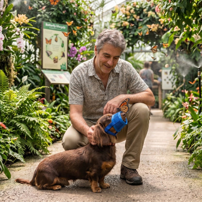 Muselière chien homme et son chien observant des papillons