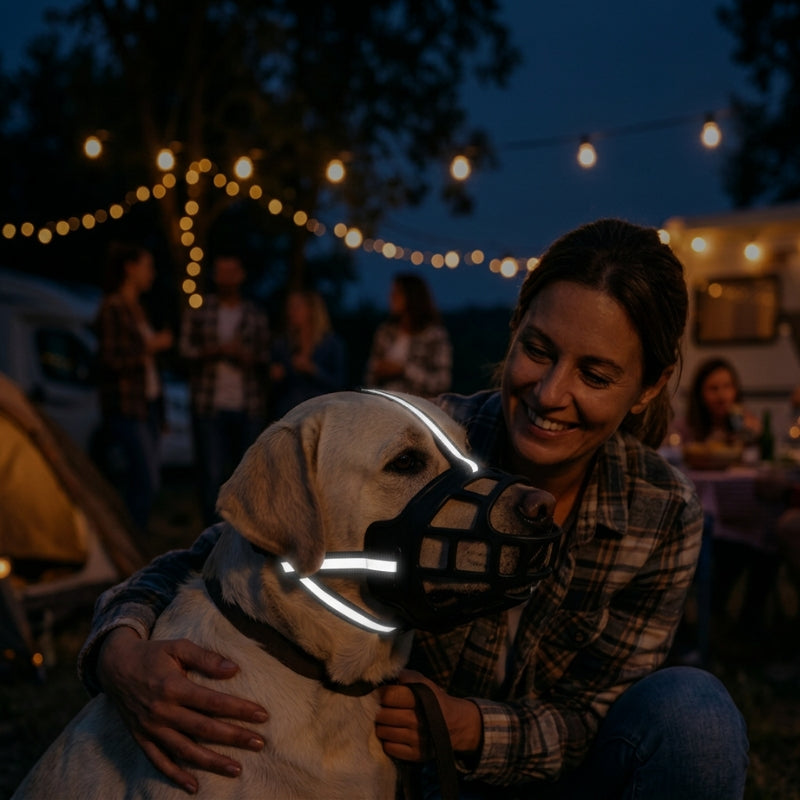 Muselière pour chien bandes réfléchissantes au camping avec une femme