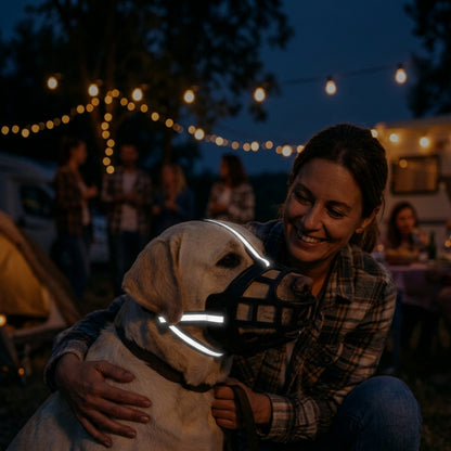 Muselière pour chien bandes réfléchissantes au camping avec une femme