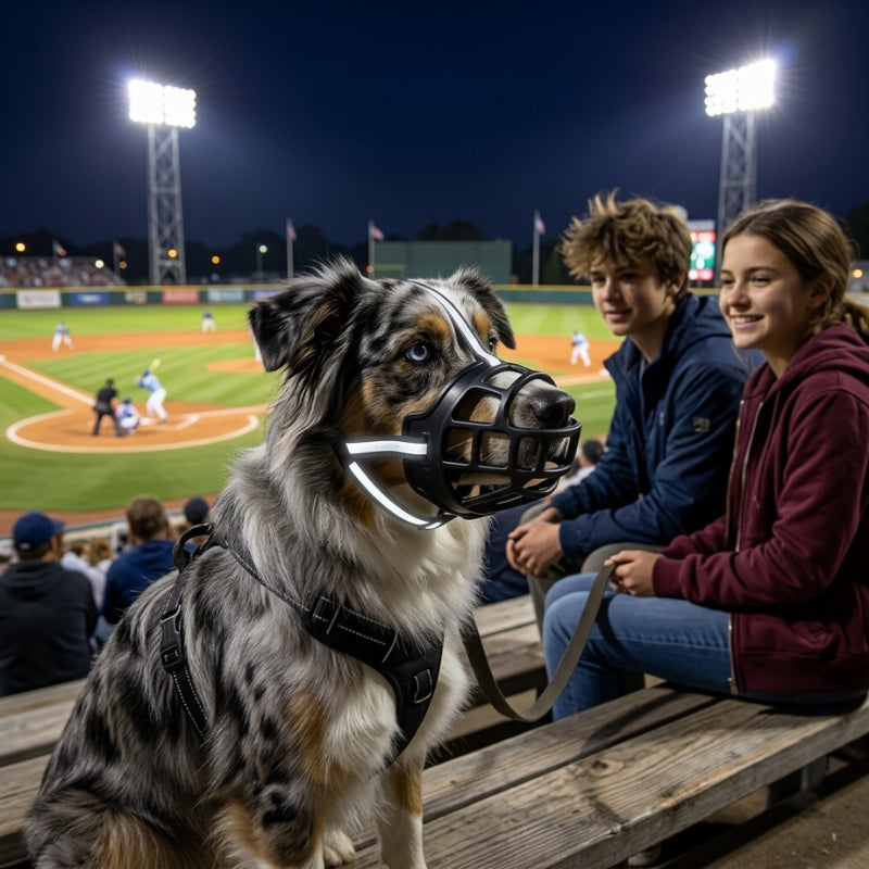 Muselière pour chien bandes réfléchissantes dans les gradins de baseball avec deux adolescents