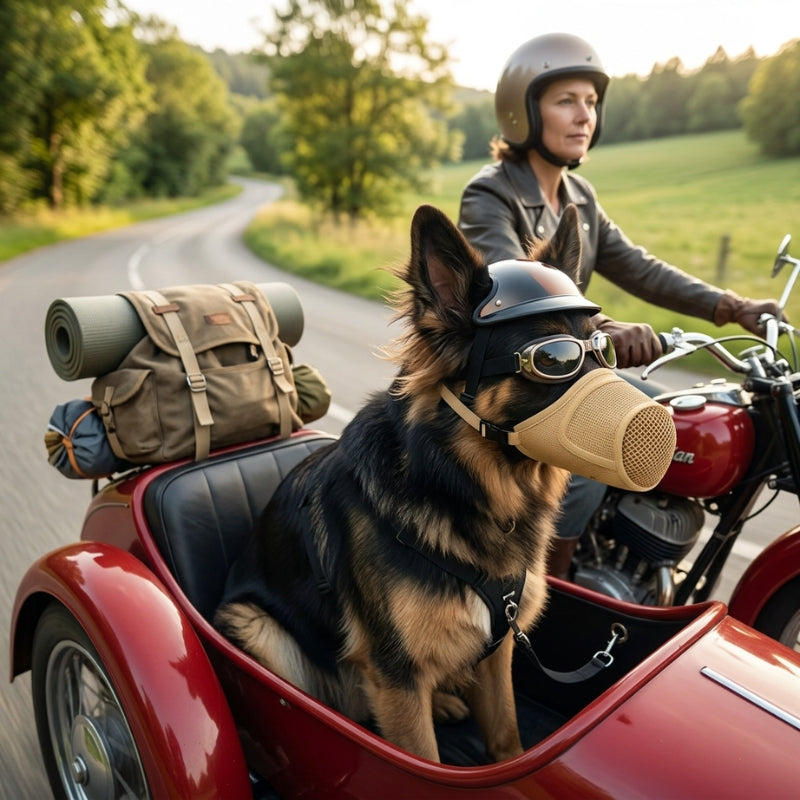 Muselière pour chien beige sur un berger allemand en side-car avec une femme à moto