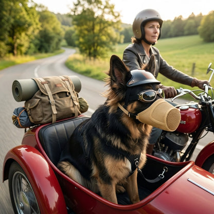 Muselière pour chien beige sur un berger allemand en side-car avec une femme à moto