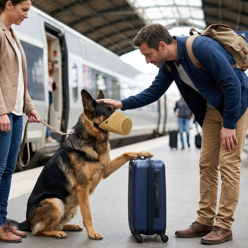 Muselière pour chien beige sur un berger allemand posant une patte sur une valise à la gare