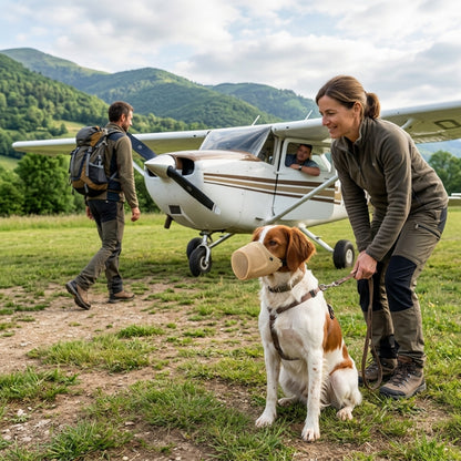 Muselière pour chien beige sur un épagneul en laisse avec une femme près un petit avion