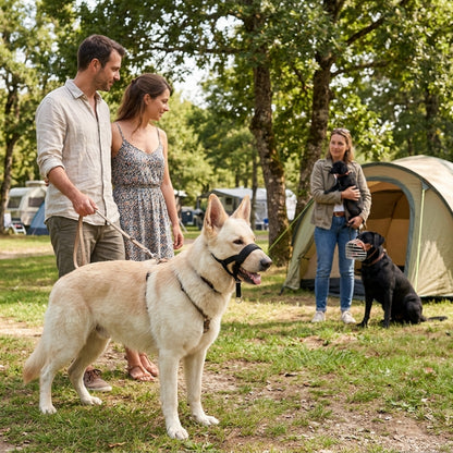 Muselière pour chien berger allemand clair avec un couple près des tentes au camping