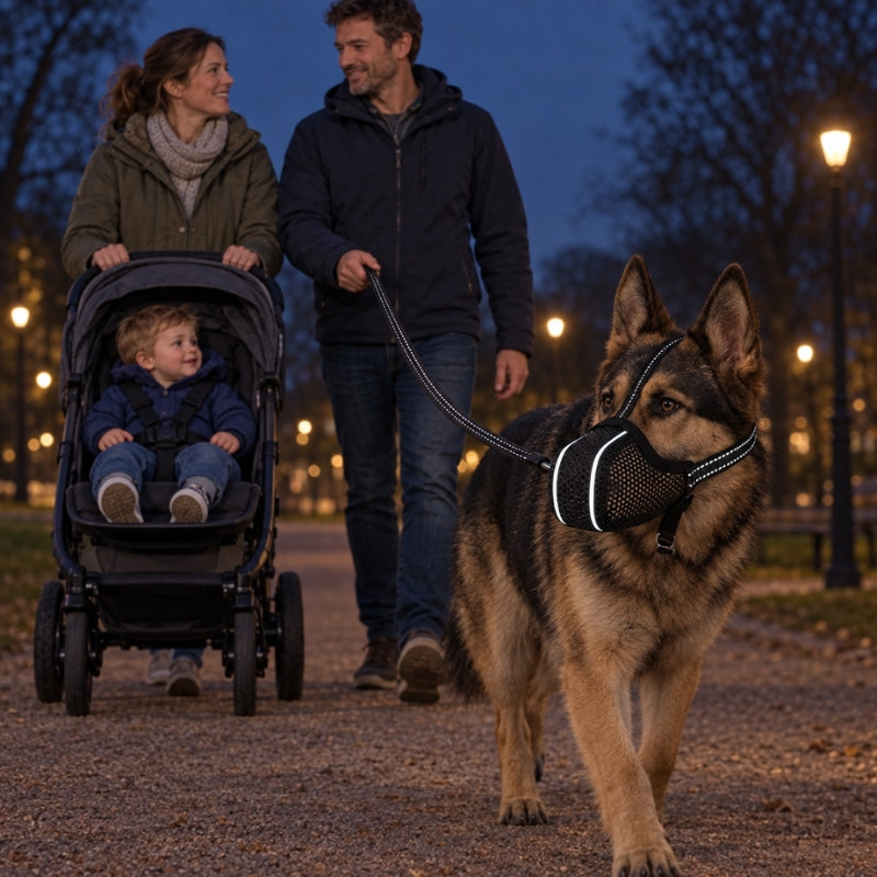 muselière pour chien berger allemand en laisse devant un couple avec une poussette au crépuscule