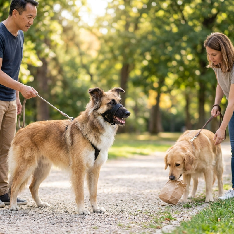Muselière pour chien berger avec un homme près d’une femme et de son chien ramassant un sac