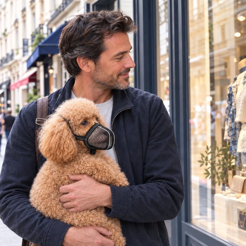 muselière pour chien caniche dans les bras de François devant une vitrine