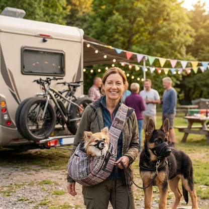 Muselière pour chien chihuahua en bandoulière et berger allemand près du camping car avec une femme