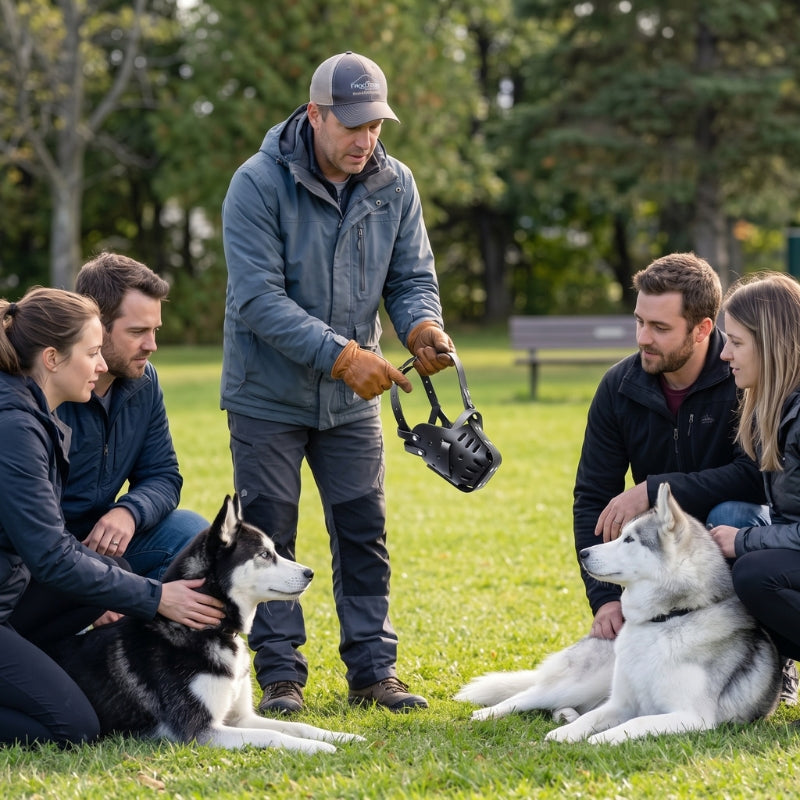 Muselière pour chien démonstration au parc avec chiens et propriétaires