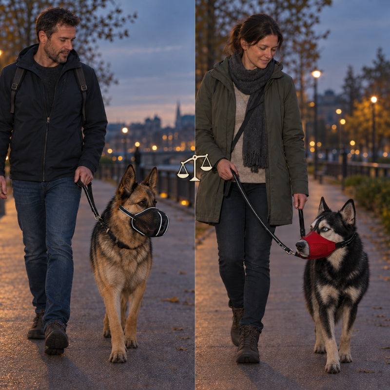 muselière pour chien deux bergers allemands en laisse au crépuscule avec une balance au centre