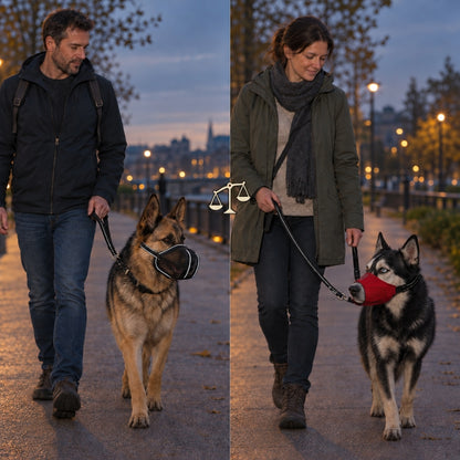 muselière pour chien deux bergers allemands en laisse au crépuscule avec une balance au centre