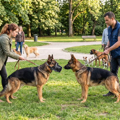 Muselière pour chien deux bergers allemands portant une muselière au parc