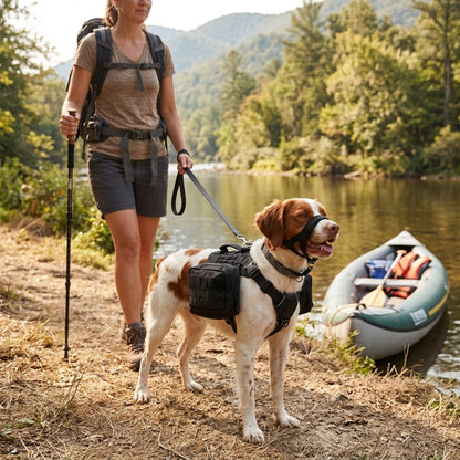 Muselière pour chien épagneul avec sacoches noires près du canot et de la rivière avec une randonneuse
