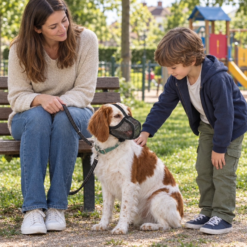 muselière pour chien épagneul près du banc caressé par un enfant