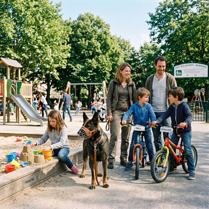 Muselière pour chien famille dans un parc carré de sable