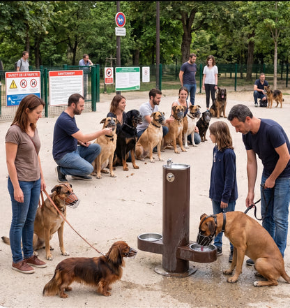 Muselière pour chien groupe de propriétaires avec leurs chiens muselés dans un parc
