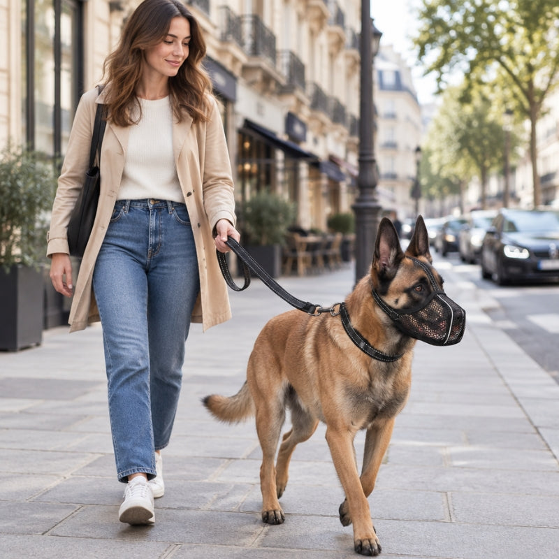 muselière pour chien malinois en laisse avec Julie sur un trottoir en ville