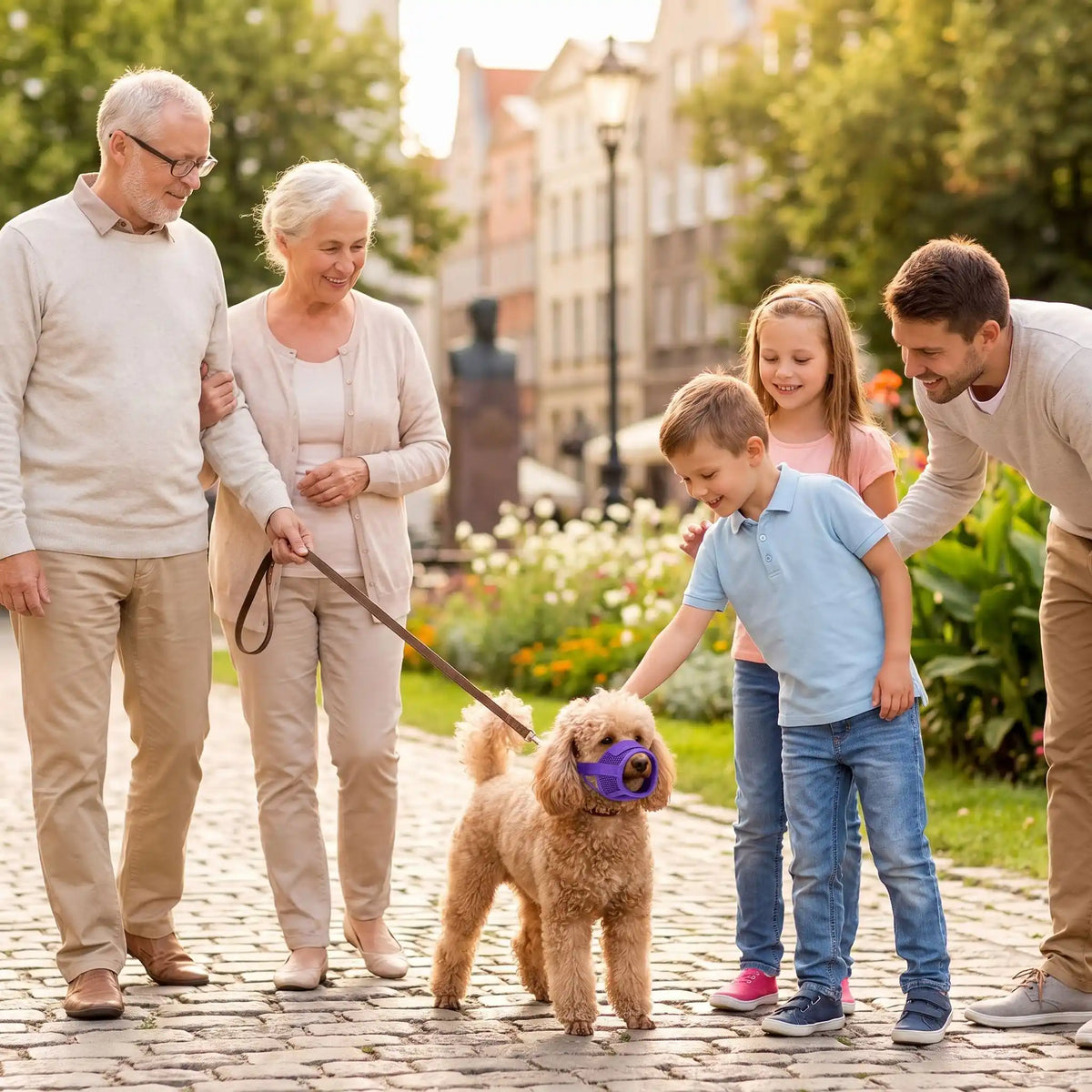 Muselière pour chien mauve lors d’une promenade en famille