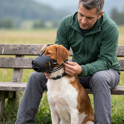 Muselière pour chien noire ajustée par un homme assis sur un banc