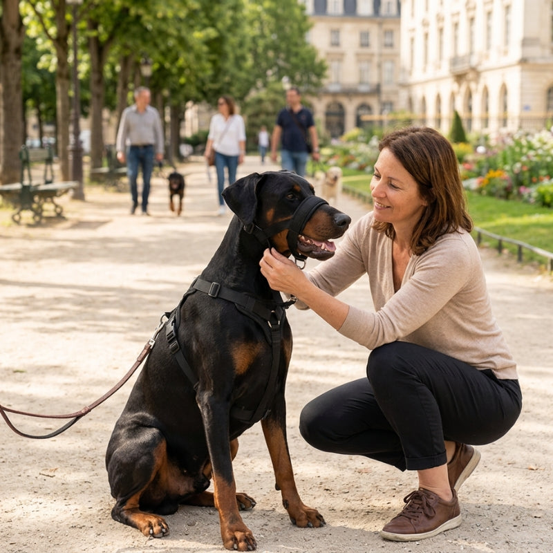 Muselière pour chien noire ajustée par une femme sur un dobermann dans un parc