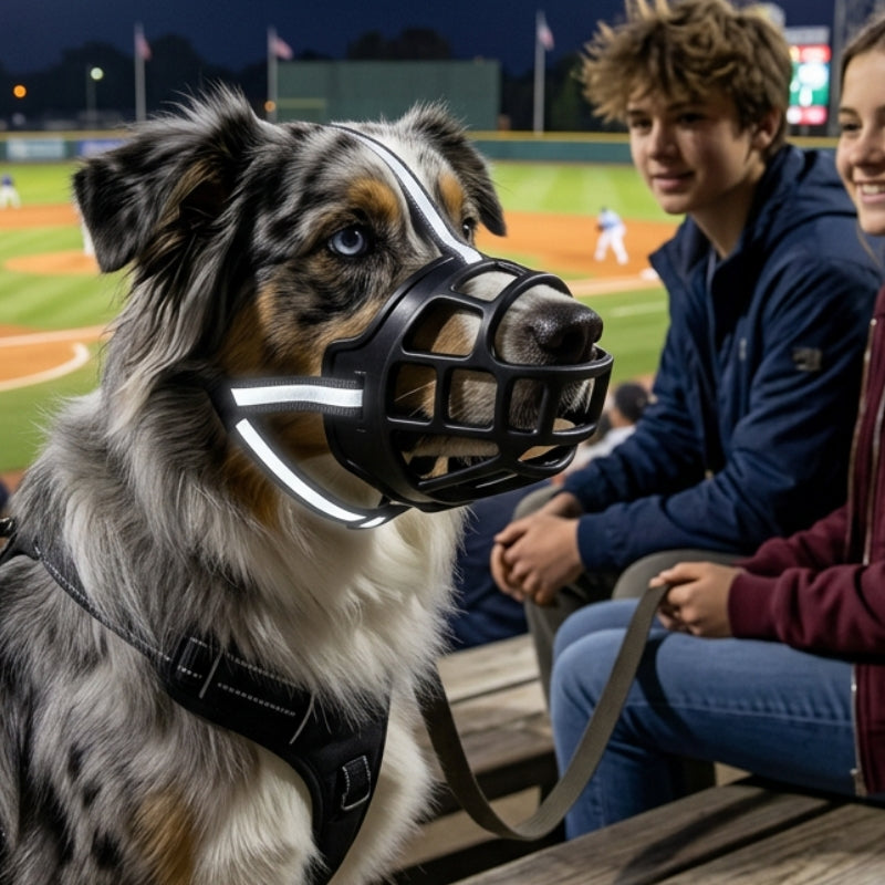 Muselière pour chien noire réfléchissante sur un berger australien avec deux adolescents au baseball
