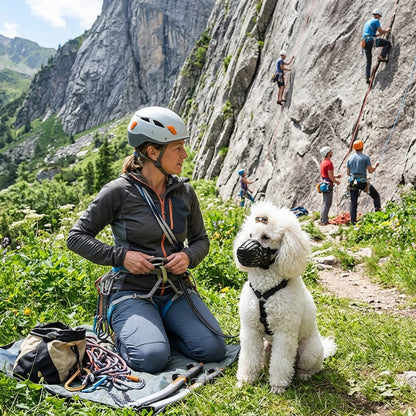 Muselière pour chien noire sur un caniche blanc avec une femme au pied une paroi escalade