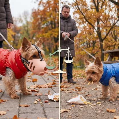 Muselière pour chien rose à gauche et chien sans muselière à droite avec une balance au centre