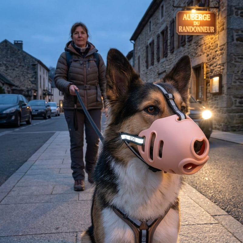 Muselière pour chien rose avec bandes réfléchissantes près d’une auberge au crépuscule