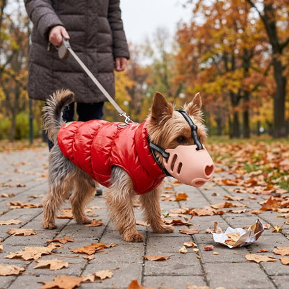 Muselière pour chien rose sur un yorkshire en manteau rouge devant des déchets en automne