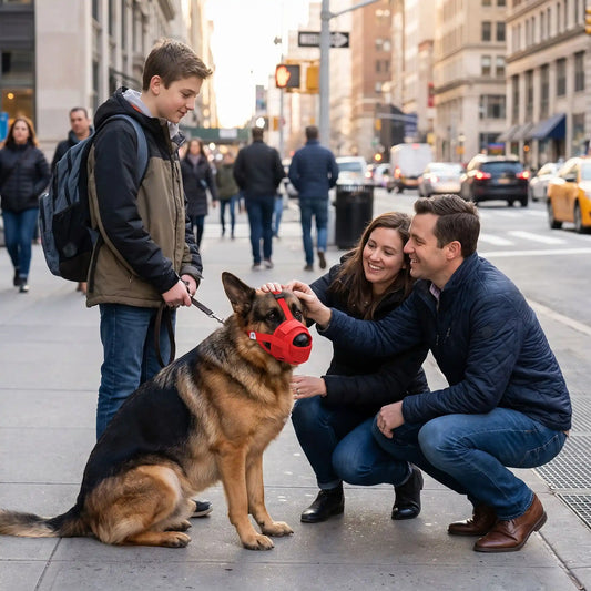 Muselière pour chien rouge portée en ville