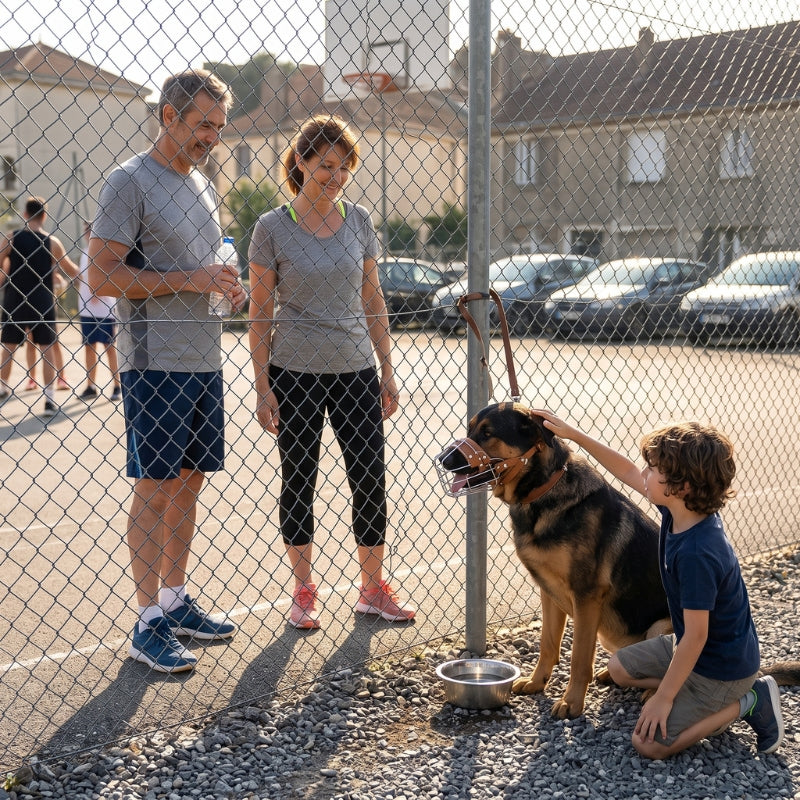 Muselière pour chien terrain de basket-ball enfants caressent le chien