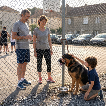 Muselière pour chien terrain de basket-ball enfants caressent le chien