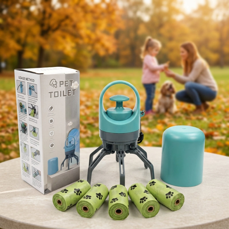 Ramasse crotte pour chien avec sa boîte sa coquille et cinq bobines de sacs devant une maman sa fille et un chien en automne