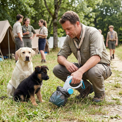 ramasse crotte pour chien bleu et blanc homme accroupi avec un chiot berger allemand et un labrador dans un camp scout