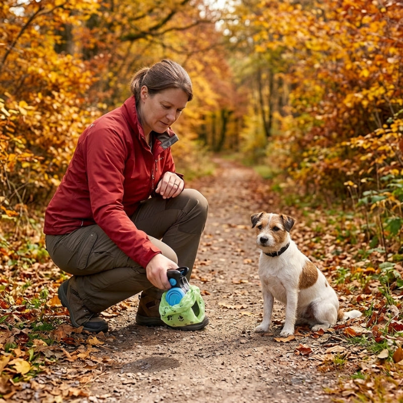 ramasse crotte pour chien bleu et noir femme en veste rouge accroupie près de son terrier sur un sentier couvert de feuilles en automne