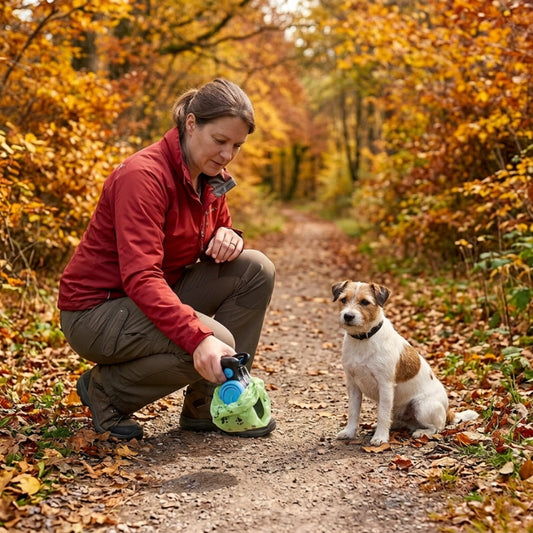 ramasse crotte pour chien bleu et noir femme en veste rouge accroupie près de son terrier sur un sentier couvert de feuilles en automne