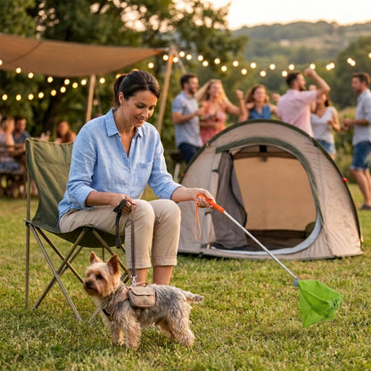 Ramasse crotte pour chien campeuse assise près de sa tente avec un Yorkshire